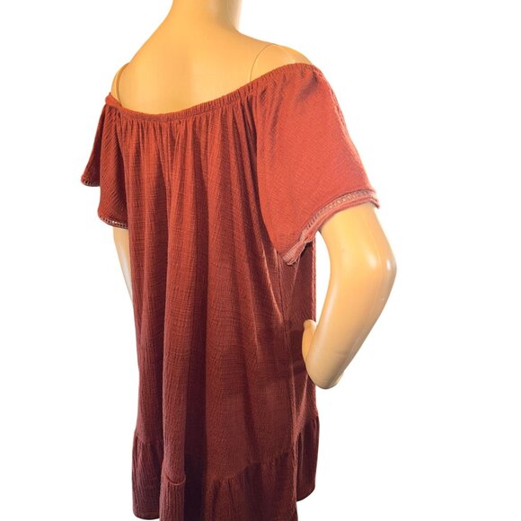 Womens Off-Shoulder Tiered Mini Dress Size S Rust Cottagecore Prairie - Picture 6 of 10